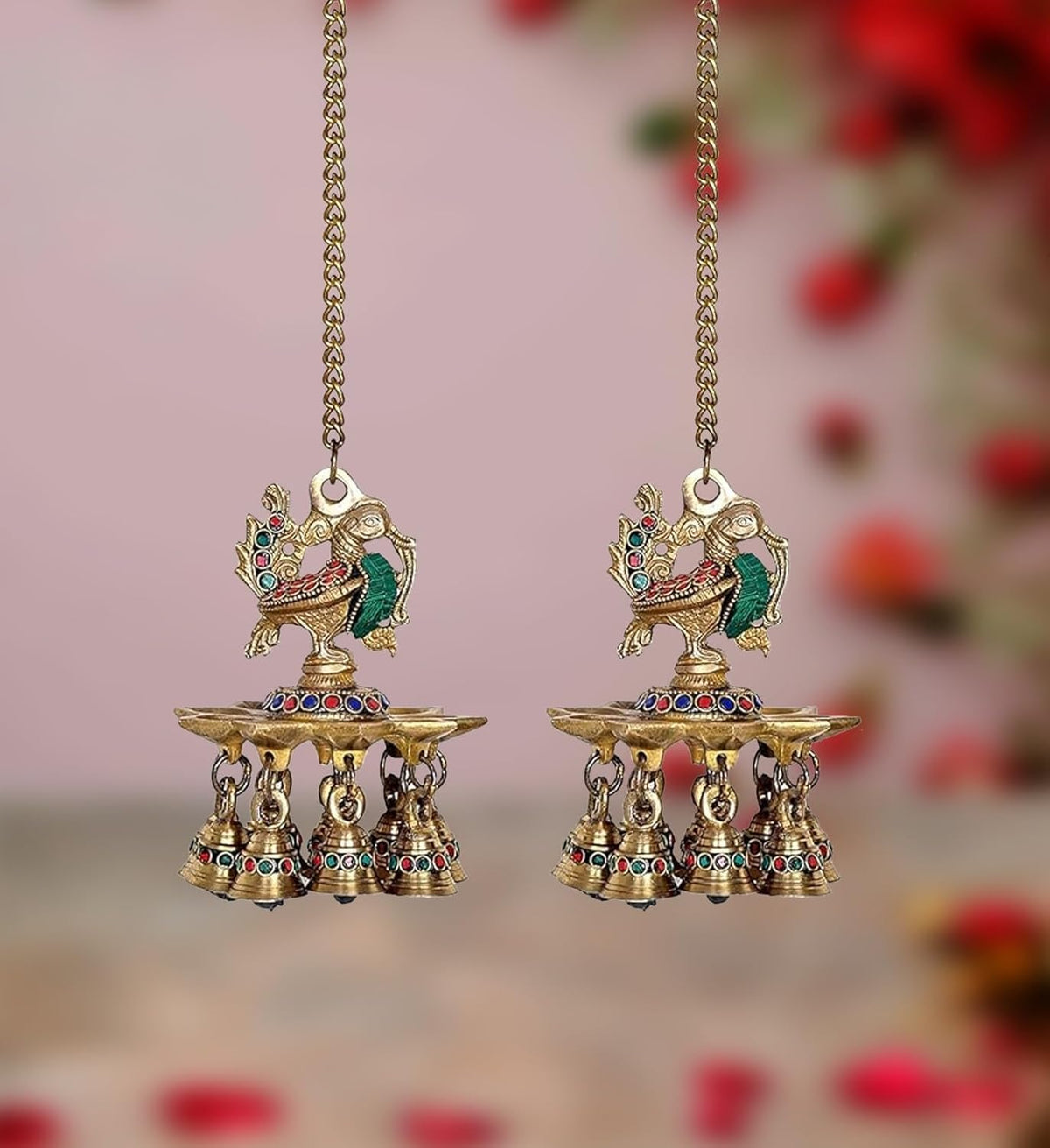 Brass hanging peacock oil diya with multi-bell ring and decorative enamel accents (pair)
