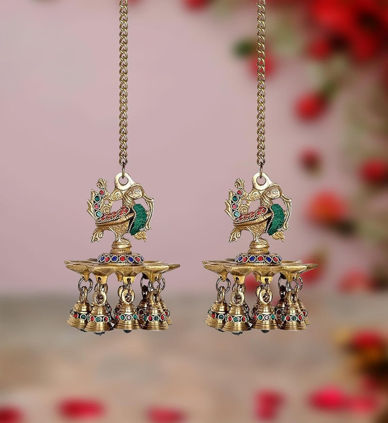 Brass Hanging Peacock 9 Nine Diya with 9 Nine Bells Deepak deepam Oil Diya for Diwali Pooja (Pair)