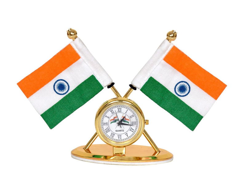 Metal Indian Flag With Watch for Car Dashboard (Height: 3.5 inch)