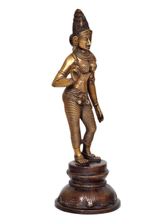 Brass Parvati statue, angled view with hand near face, detailed ornaments and base