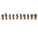 Gold-toned brass Dashavatara ten avatars statue set, standing on pedestal bases.