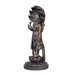 Side view of Lord Vishnu resin figurine, lotus pedestal and ornate jewelry