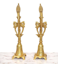 Brass parrot hanging diya stand set of 2, urn-shaped bases and chain links