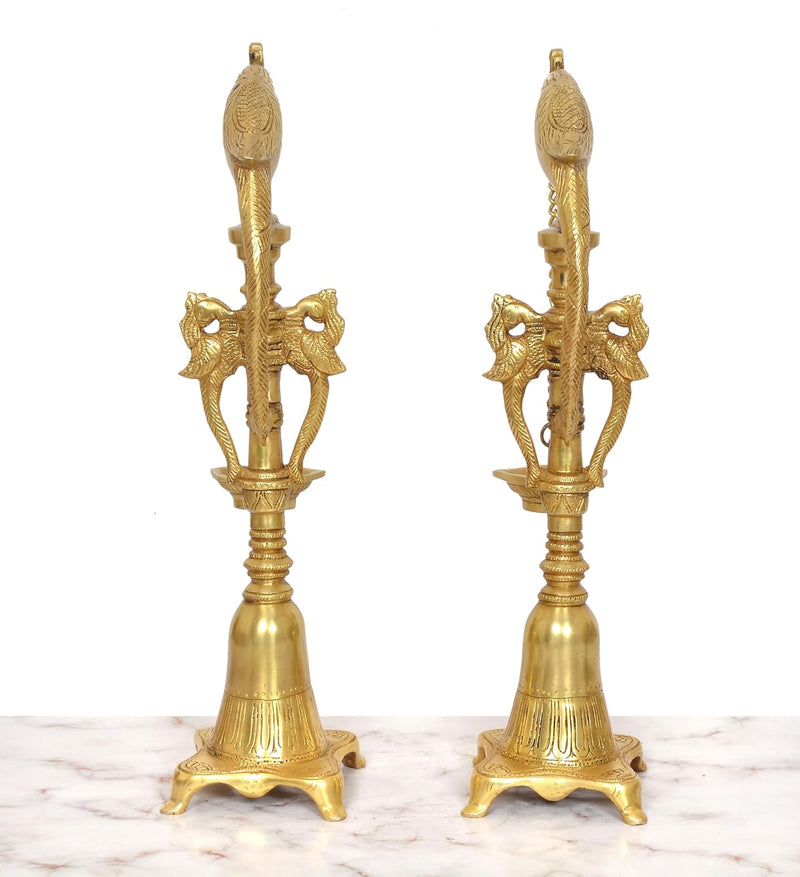 Brass Parrot Hanging Chain Oil Lamp Stand Diya |Set of 2| (Height: 16.5 Inch)