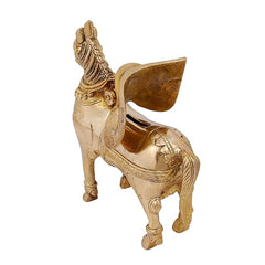 Brass decorative horse figurine idol, side view, raised tail and engraved body