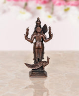 Copper standing Kartikeya Murugan murti, rear view with tail emblem, square base