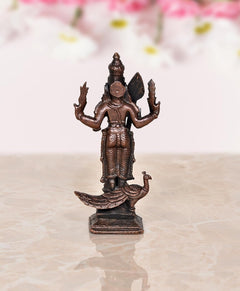 Copper standing Kartikeya Murugan murti, rear view with tail emblem, square base
