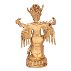 Messing-Garuda Vishnu-Murti, seitliche Ansicht mit Kranz, Rüstung und Flügeln am Sockel