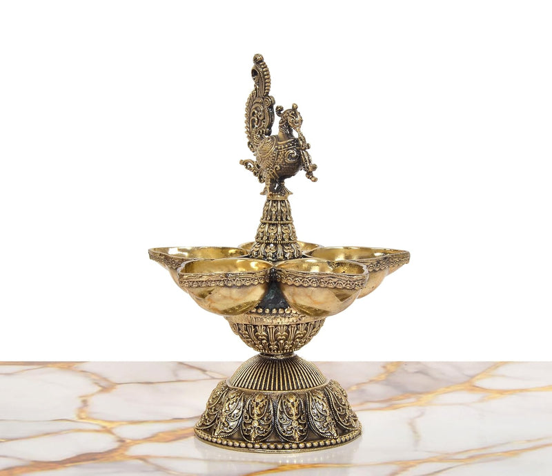 Bronze Oil Lamp On Peacock | Five Diya Stand (Height: 6.5 Inches)
