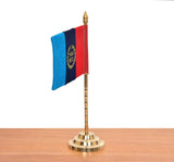 Brass desk flag stand with NNC emblem flag in tricolor, side angle