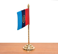 Brass desk flag stand with NNC emblem flag in tricolor, side angle