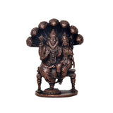 Lakshmi Narasimha copper statue with detailed ornaments and small base, front view