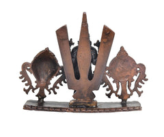 Copper Tirupati Bala Ji statue, back view with emblem plates on base
