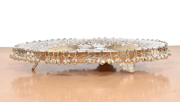 German Silver Pooja/Aarti Thali with Ghungroo (Height: 11 Inches) Study Setting