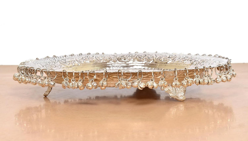 Brass Silver Pooja/Aarti Thali with Ghungroo (Height: 11 Inches)