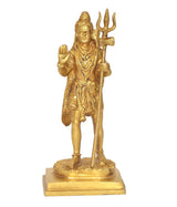 Goldfarbene stehende Shiva-Figur mit Dreizack und segnender Handhaltung auf Sockel