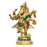 Dancing Ganesha statue in gold brass, six hands raised, beaded chest and waist
