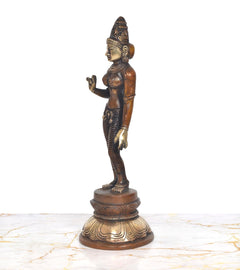 Brass Devi Uma Parvati statue, profile side view with raised hand and patterned legs