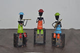 AONA Iron Musician set of 3: multicolour iron figurines on dark wooden block bases