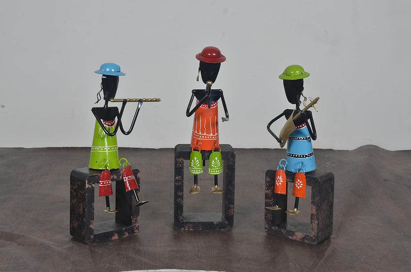 Iron Musician Man Set of 3 Multicolour with wooden base (12 Inches Height)