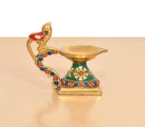 Brass peacock traditional oil lamp diya with multicolor jeweled detailing