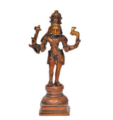 Brass Lord Shiva statue, four arms raised, detailed torso and crown, standing on base