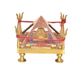 Brass Shri Yantra chowki front view, red thread railings, gold hand pillars, pyramid top