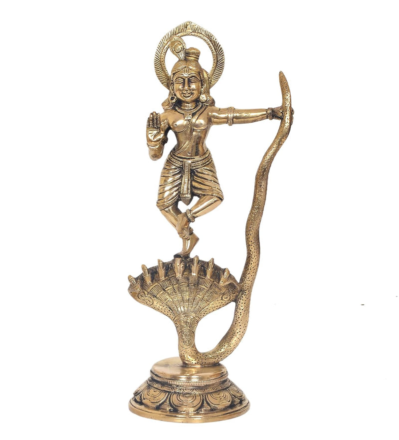 Brass Krishna Bhagwan Murti Dancing on Kaliya Naag - Religious Statue for Home Temple Pooja Mandir Decor (Height 13 Inch)