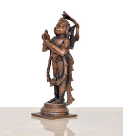 Hanuman-Idol-Statue aus dunklem Kupfer, seitliche Ansicht mit Schmuckgewändern und Standfuß, 5,5 Zoll