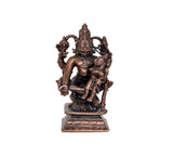 Copper-toned Lakshmi Narasimha statue (3 inch), detailed front view with ornate arms