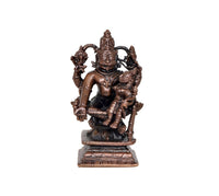 Copper-toned Lakshmi Narasimha statue (3 inch), detailed front view with ornate arms