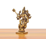Brass Durga idol side view, raised trident held upright, many arms, 5 inch