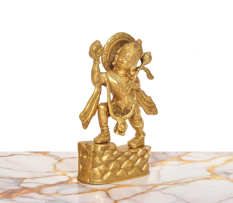 Brass Anjaneya Pavan Putra Bajrangbali Hanuman JI with Mountain Murti (Height: 8 Inch)