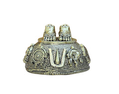 Brass charan paduka with two feet, wheel and U motif, front view