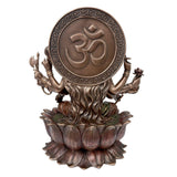 Resin Gayatri Mata statue back view, OM symbol disc on head, seated on lotus petals