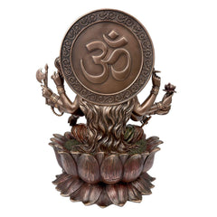 Resin Gayatri Mata statue back view, OM symbol disc on head, seated on lotus petals