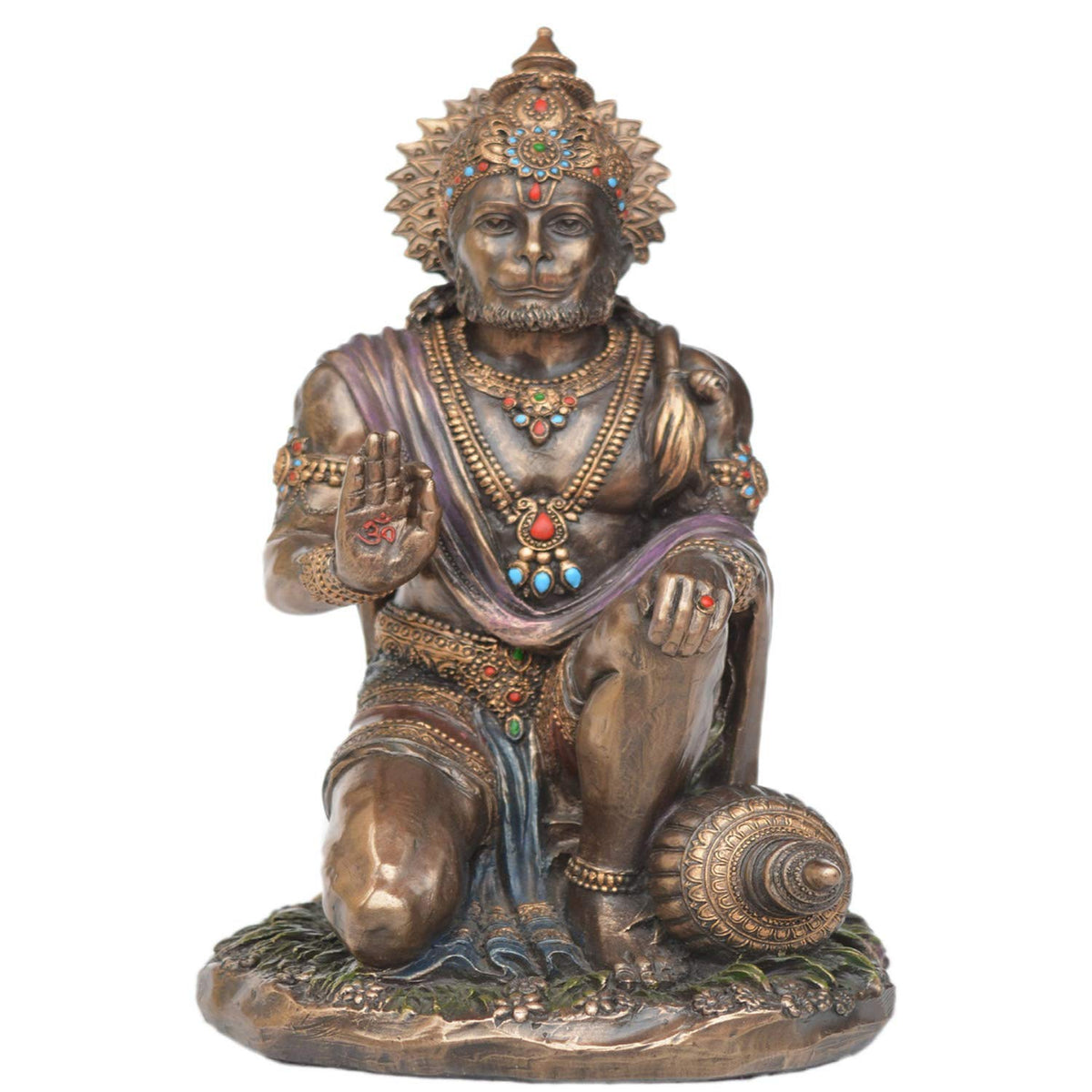 Bronze sitting Lord Hanuman figurine, 7.5 in, jeweled crown, necklaces, raised hand