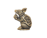 Brass mini mouse idol statue with raised modak pot, detailed engraved patterns