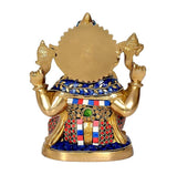 Brass Ganesha statue idol back view with arms raised, blue-gold trim and jeweled waist