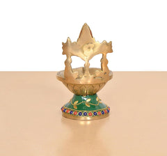 Brass Tirupati Balaji diya (6 inch) from behind; green base with jeweled bead border.
