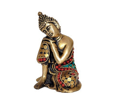 Brass Gautam Buddha resting statue idol, front view with patterned robe and red beads