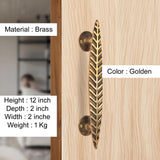 Brass leaf door handle pair in golden finish with round backplates on light wood