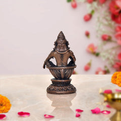 Copper Ayyappan statue, 2 inch, back view with layered decorative base
