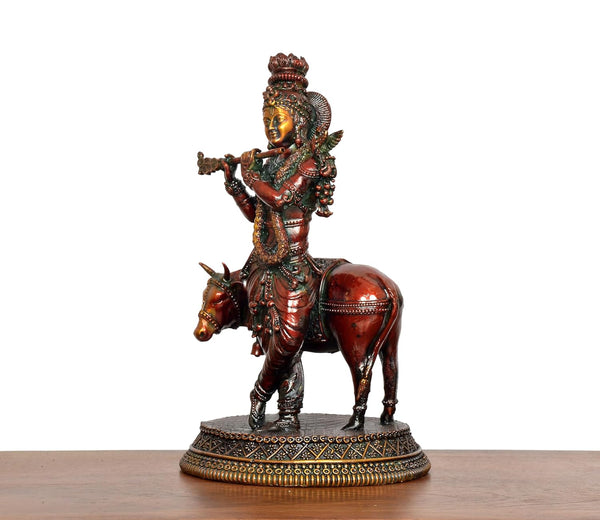 Superfine Brass Standing Krishna with Cow Idol (Height 6.5 Inch) Study Setting
