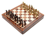 Wooden chessboard with dark and brass Roman-style pieces arranged on squares