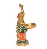 Brass peacock oil lamp diya, gold figure with red-green panels and open brass cup