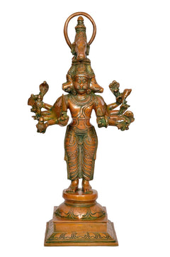 Brass Panchamukhi Hanuman statue with arch halo, five faces and multi-armed pose