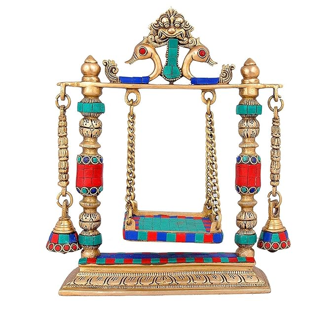 Brass Swing for Your Favourite God Jhula Hanging Bells with Chain & Kirtimukha Idol Swing Statue Any God Jhoola Murti for Home Decor Office Mandir Craft Detail