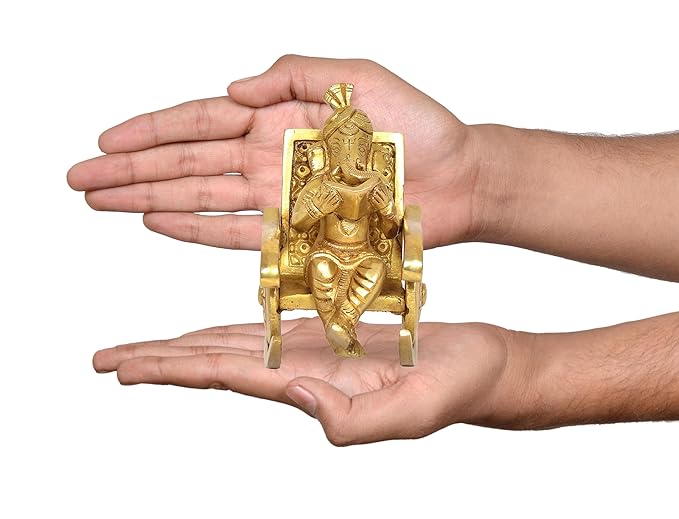 Brass Ganesha Statue Book Reading Turbaned Ganesh Sitting on Chair Sculpture Golden (Height 5 inch)