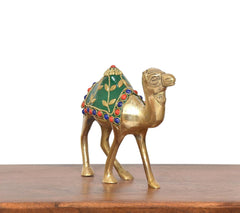 Brass camel figurine with green embellished saddle; gold body with colorful bead panels